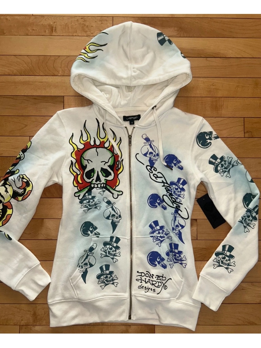 NEW! ED HARDY Skulls Long Fleece Hoodie in Ivory Size S